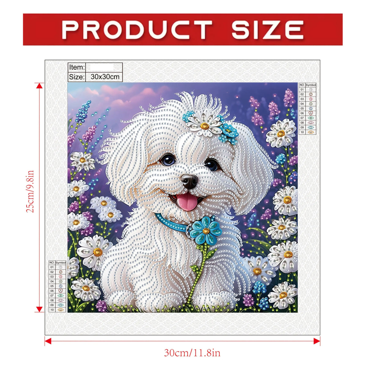 A set of "White Puppy Wearing Flowers" 5D Diamond Painting Kit, DIY handmade craft, partially adorned with irregular diamonds