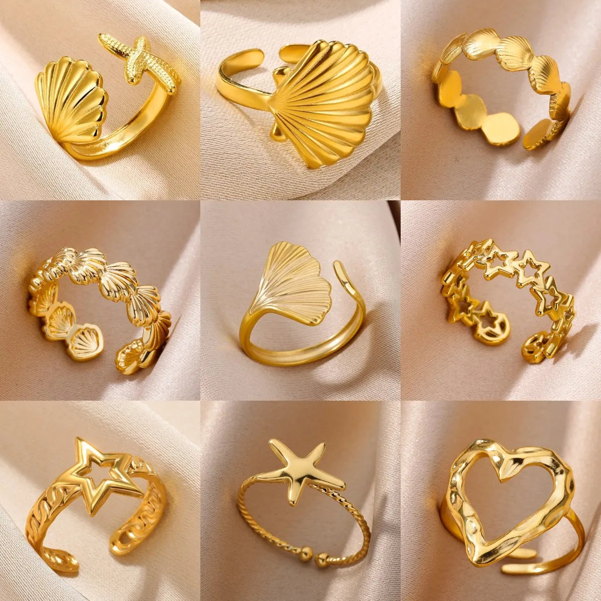 316L Stainless Steel Shell Rings for Women Adjustable Gold Color Little Star Open Rings Female Jewelry Weddings Gifts New Trendy