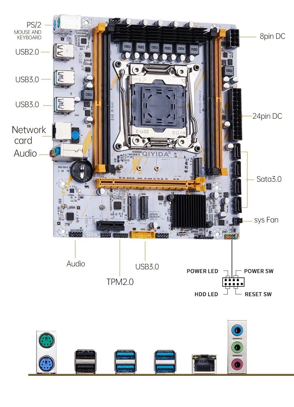 QIYIDA X99 Motherboard LGA2011-3 Slot SATA3.0 USB3.0 NVME M.2 NGFF WIFI Support DDR4 Memory and Xeon E5 V3 V4 Processor TPM14PIN