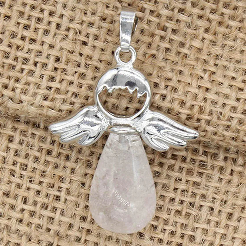 Angel Wing Crystal Stone Pendants For Women Necklace DIY Natural Amethyst Rose Quartz Water Drop Necklace Jewelry No Chain