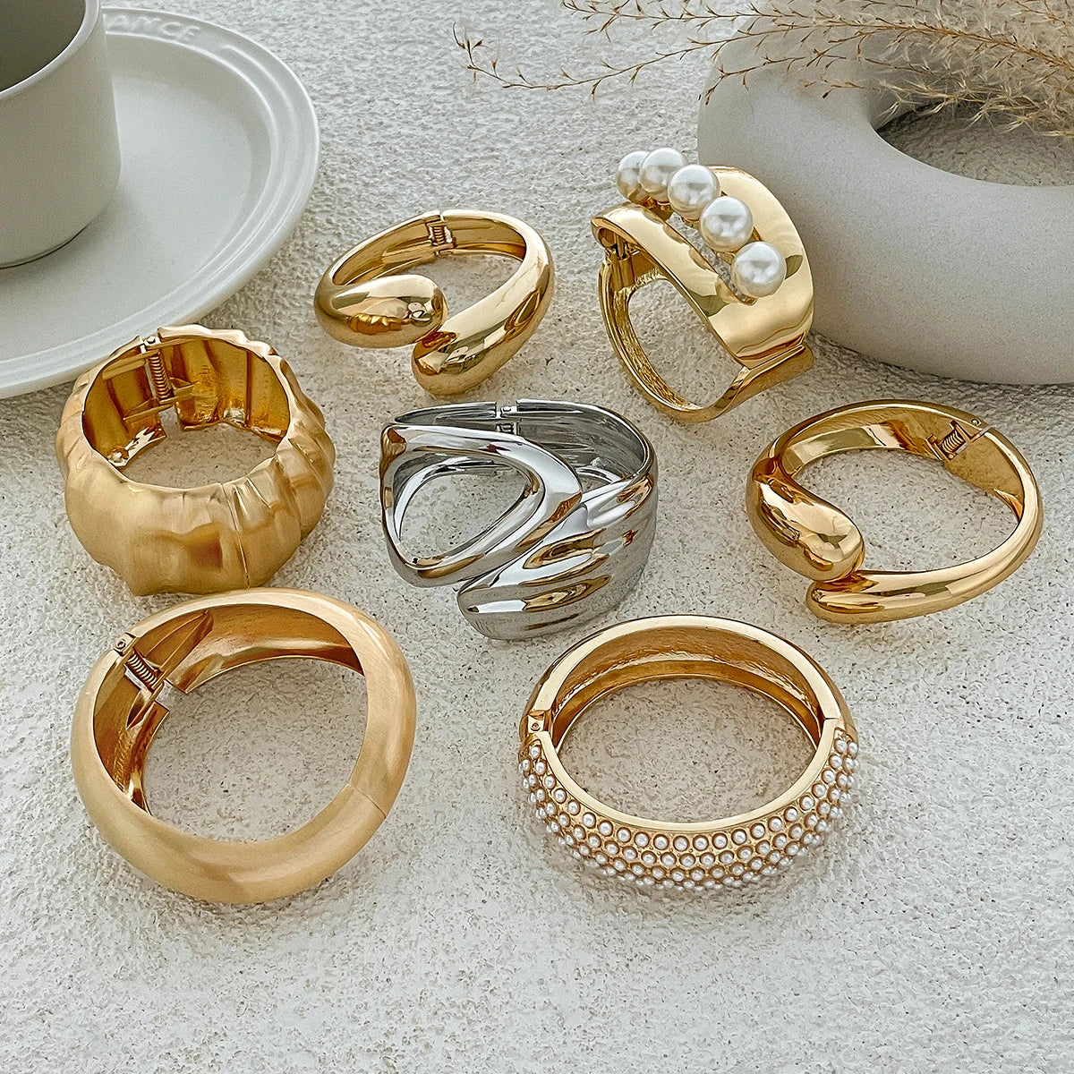 SHIXIN Design Geometric Water Drop Gold Color Wide Spring Bangles for Women Elegant Imitation Pearl Cuff Bracelets New Jewelry