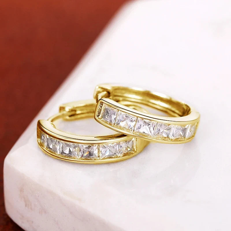 Huitan Hoop Earrings with Princess Cubic Zirconia Exquisite Ear Circle Earrings for Women Silver Color Fashion Versatile Jewelry