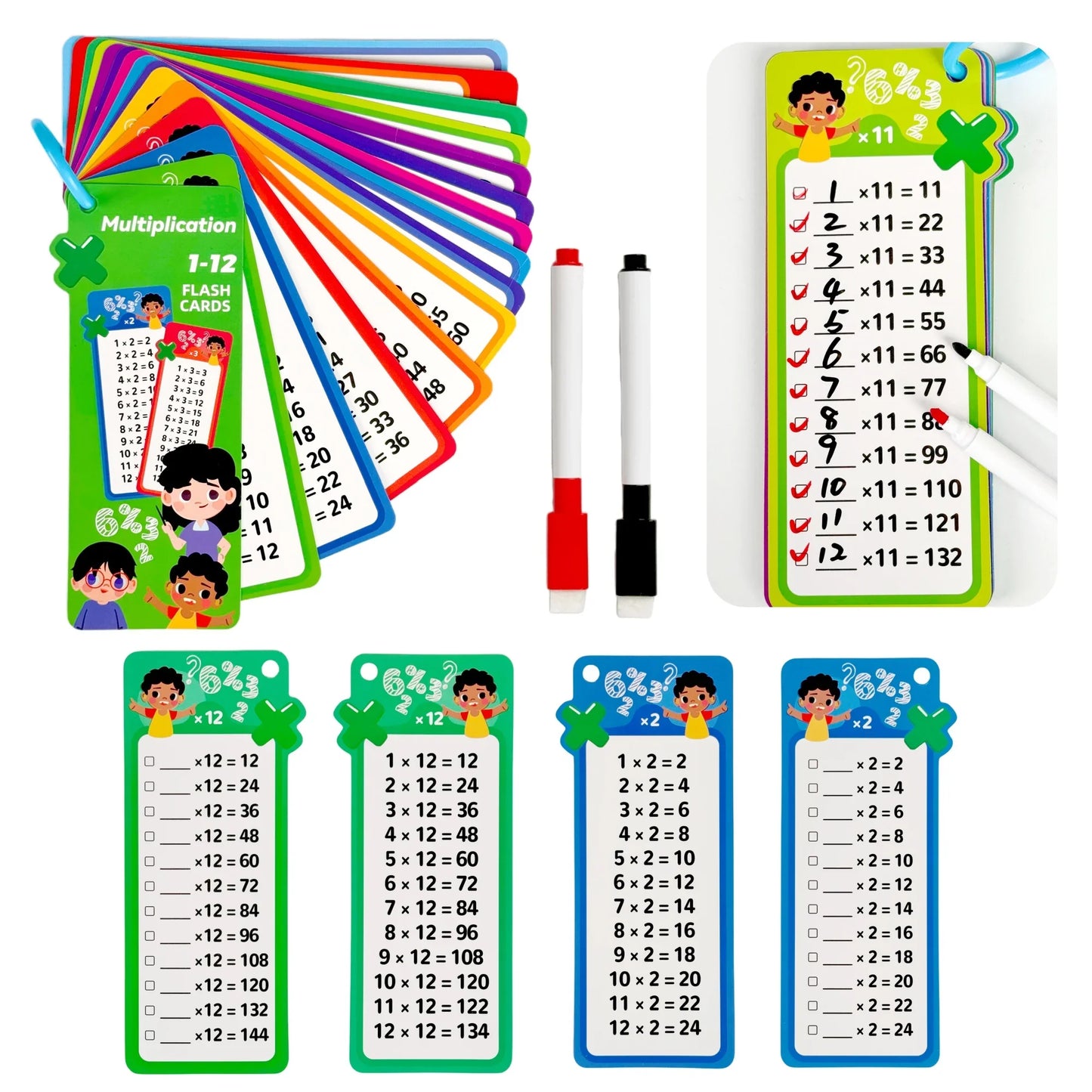 Digital Learning Flash Cards, Addition, Subtraction, Multiplication, Division, Fractions, Math Formula Memory, 15 Cards with Two Erasable Pens, Learning Toy
