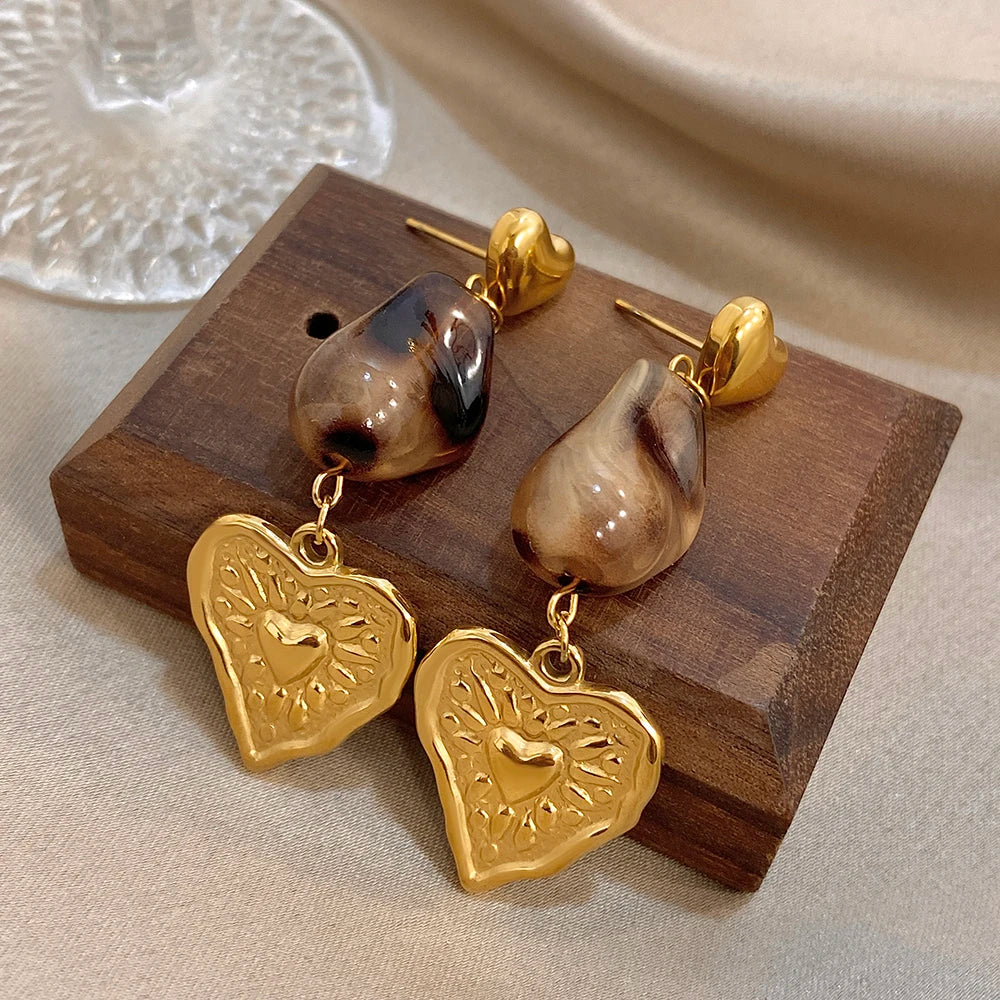 Greatera Caramel Amber Patterned Irregular Heart Earrings For Women Charm Stainless Steel Waterproof Popular Ear Accessories New