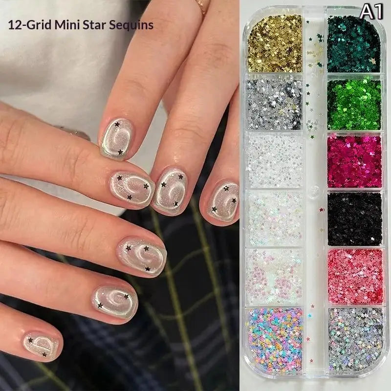 *12 Grids Mixed Mini Circular Colorful Nail Glitter Wave Point Sequin Sparkling Flower DIY Nail Decoration Nail Charms