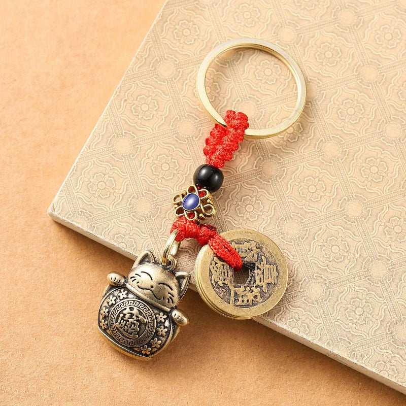 1Pc Vintage Handmade Lucky Cat Keychain Five Emperors Feng Shui Coins Key Ring Car Pendant Lucky Ornament Gift