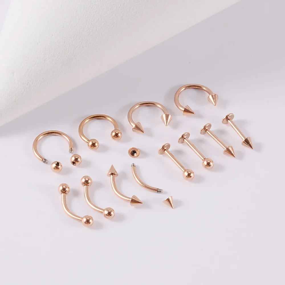12pcs/Set Surgical Steel Silver Color Gold Plated Black Rainbow Ear Nose Eyebrow Labret Basic Piercing Jewelry Set 8mm