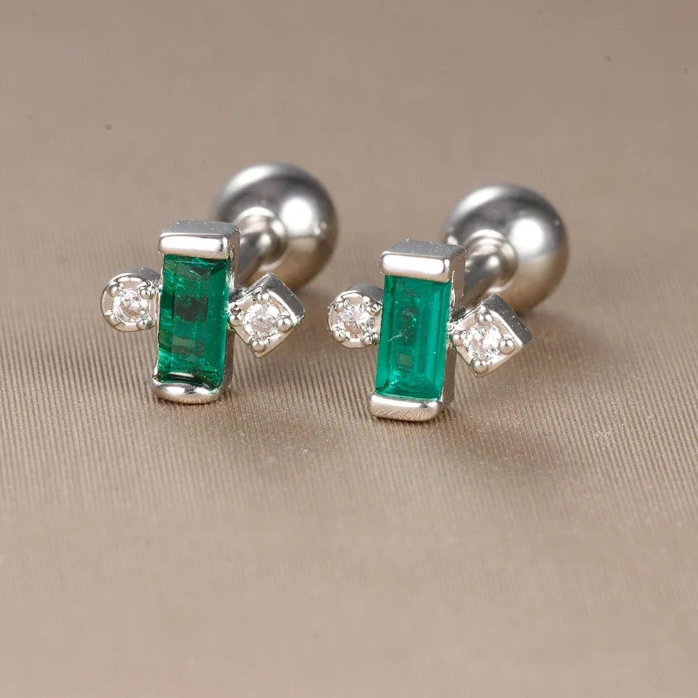 2PC Stainless Steel Little Stud Earring for Women Tiny Green Crystal Zirconia Cartilage Helix Tragus Piercing Earrings Jewelry