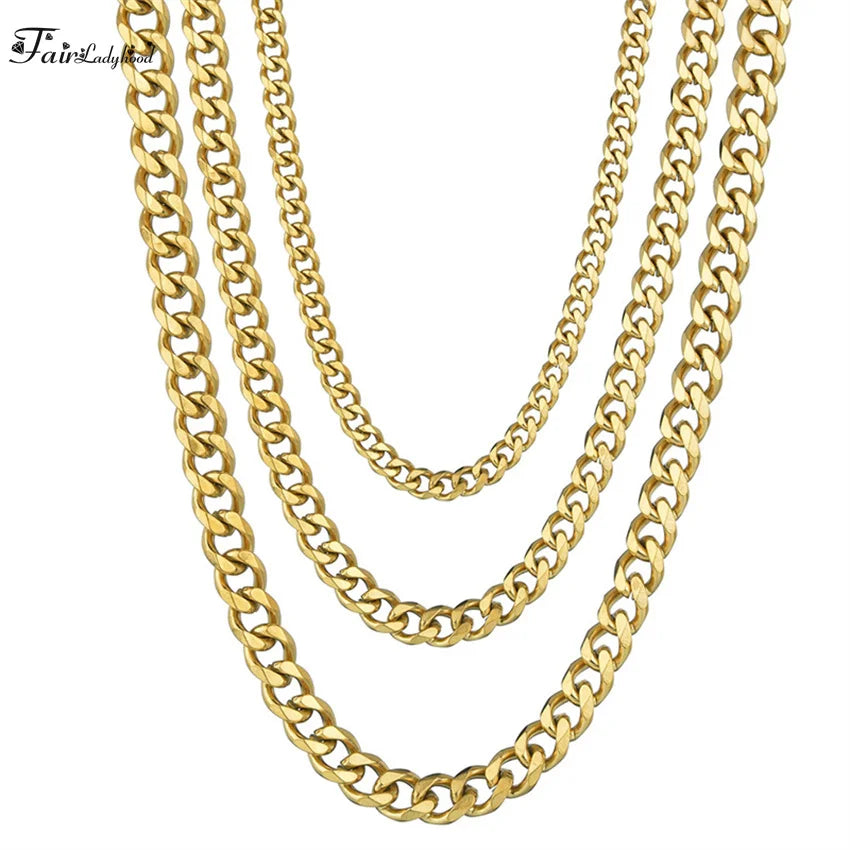 1 piece Size 3.6mm-9mm Men's Necklace Stainless Steel Cuban Link Chain Bracelet Necklace Steel Color Male Jewelry