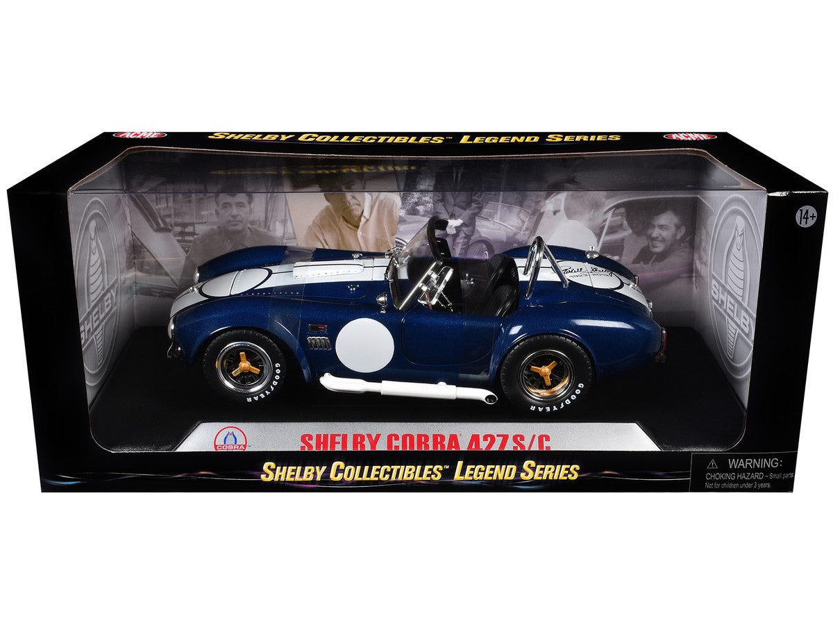 1965 Shelby Cobra 427 S/C Dark Blue Metallic with White Stripes with Printed Carroll Shelby's Signature on the Trunk 1/18 Diecast Model Car by Shelby Collectibles