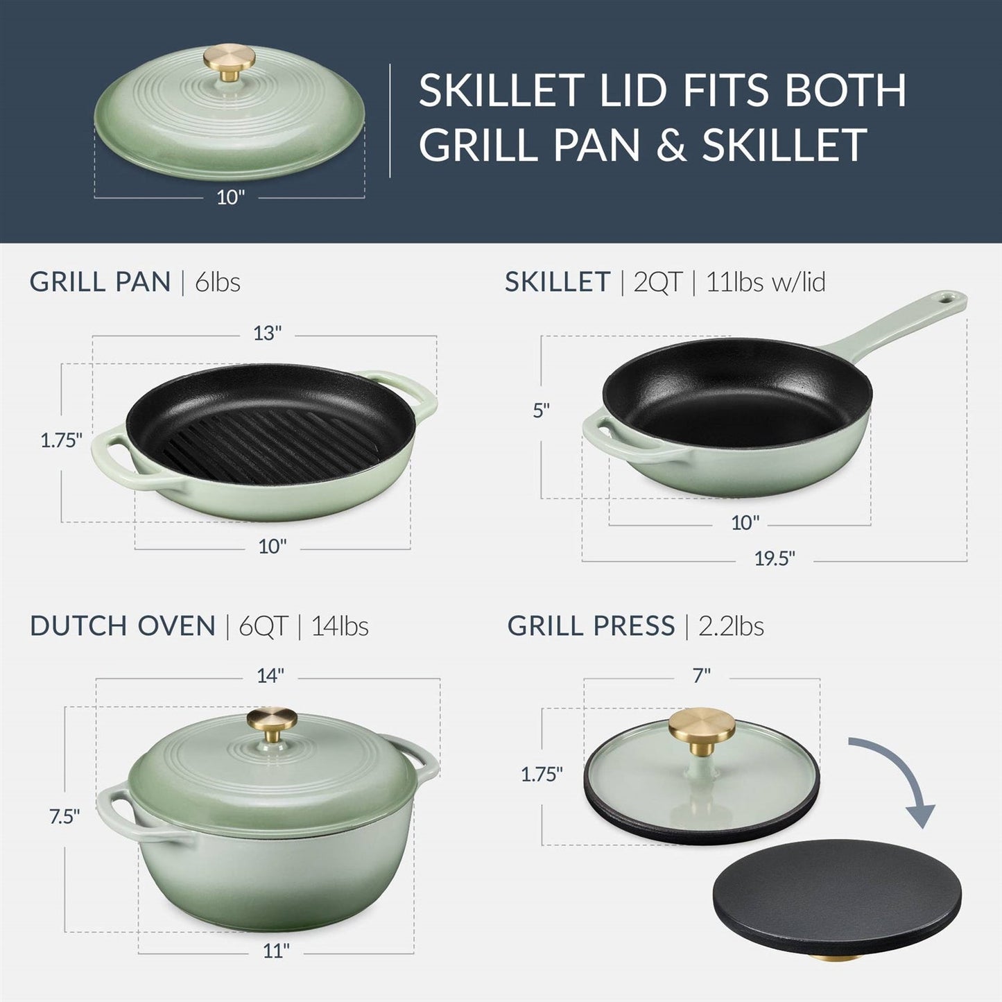 Sage 6-Piece Non-Stick Cast Iron Cookware Set - Skillet Grill Pan Dutch Oven