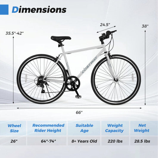 26 Inch Mountain Bike Adjustable with 6-Speed and All-terrain Rubber Wheels-Gray - Color: Gray - Size: 26 inches