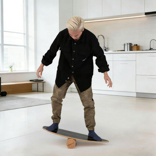 Wooden Balancing Board with Cork Roller and Storage Rack to Exercise-Black
