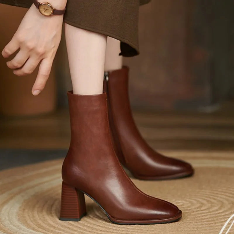 2024 Autumn and Winter New Fashion Square Head Retro High Thick Heel Side Zipper Skinny Short Boots Women's All-match Nude Boots