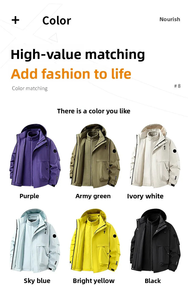 New Autumn and Winter Three in One Outdoor Jacket for Couples Warm Hooded Waterproof Two-piece Set Windbreaker Hiking Jacket