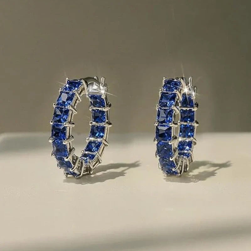 Huitan Princess Square Cubic Zirconia Hoop Earrings Luxury Trendy Ear Circle Earrings for Women Fashion Versatile Female Jewelry