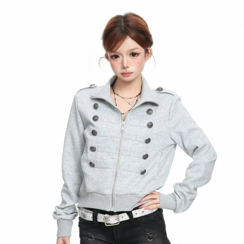 Vintage Cropped Jackets Women Harajuku Casual Slim Fit Zipper Coat Y2K Streetwear Long Sleeve Outerwear Autumn New Arrival