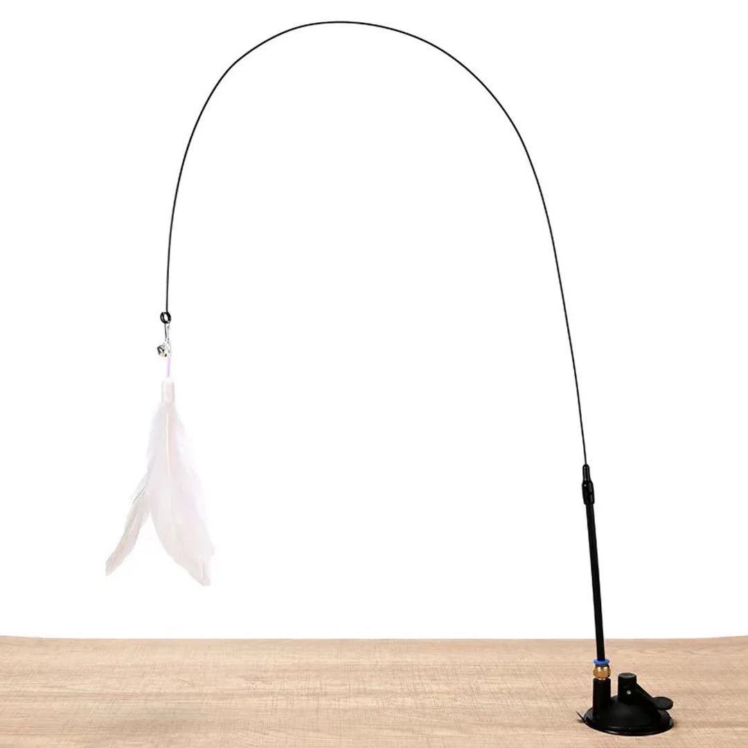 Cat Feather Bell Toy with Suction Cup Base 1 Teaser Wand 3 Replacement Feather Heads Interactive Cat Toy for All Cats