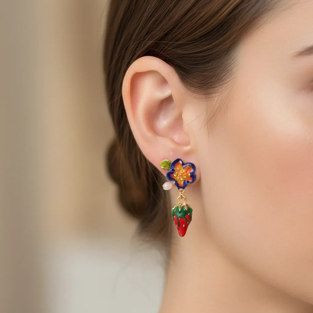 Cute Enamel Flower & Strawberry Drop Earrings - Sweet Fruit Dangle Jewelry for Women Girls Brithday Daily Ear Charm Jewelry Gift