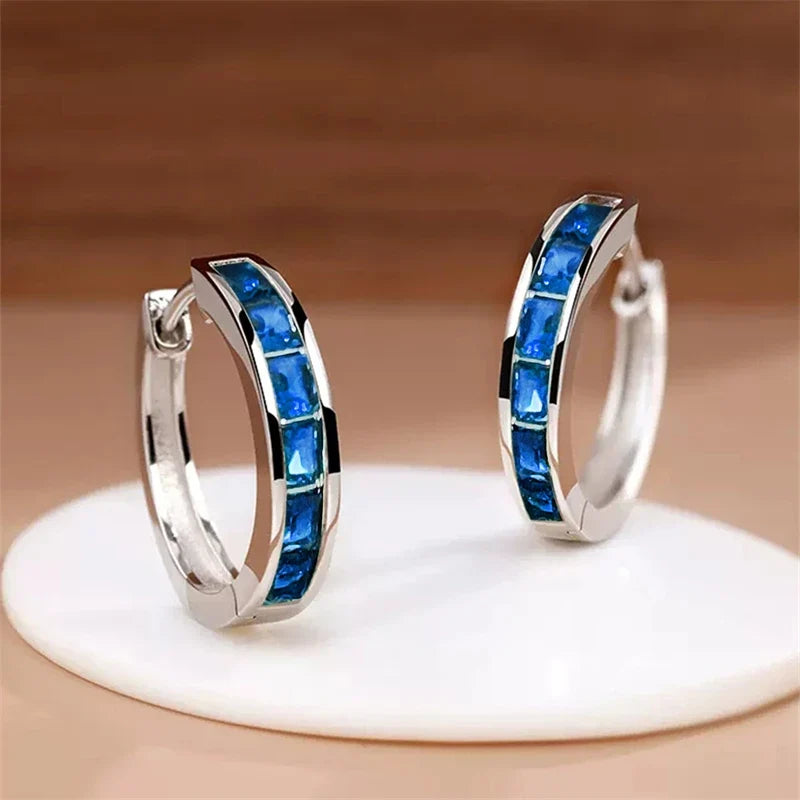 Huitan Hoop Earrings with Princess Cubic Zirconia Exquisite Ear Circle Earrings for Women Silver Color Fashion Versatile Jewelry