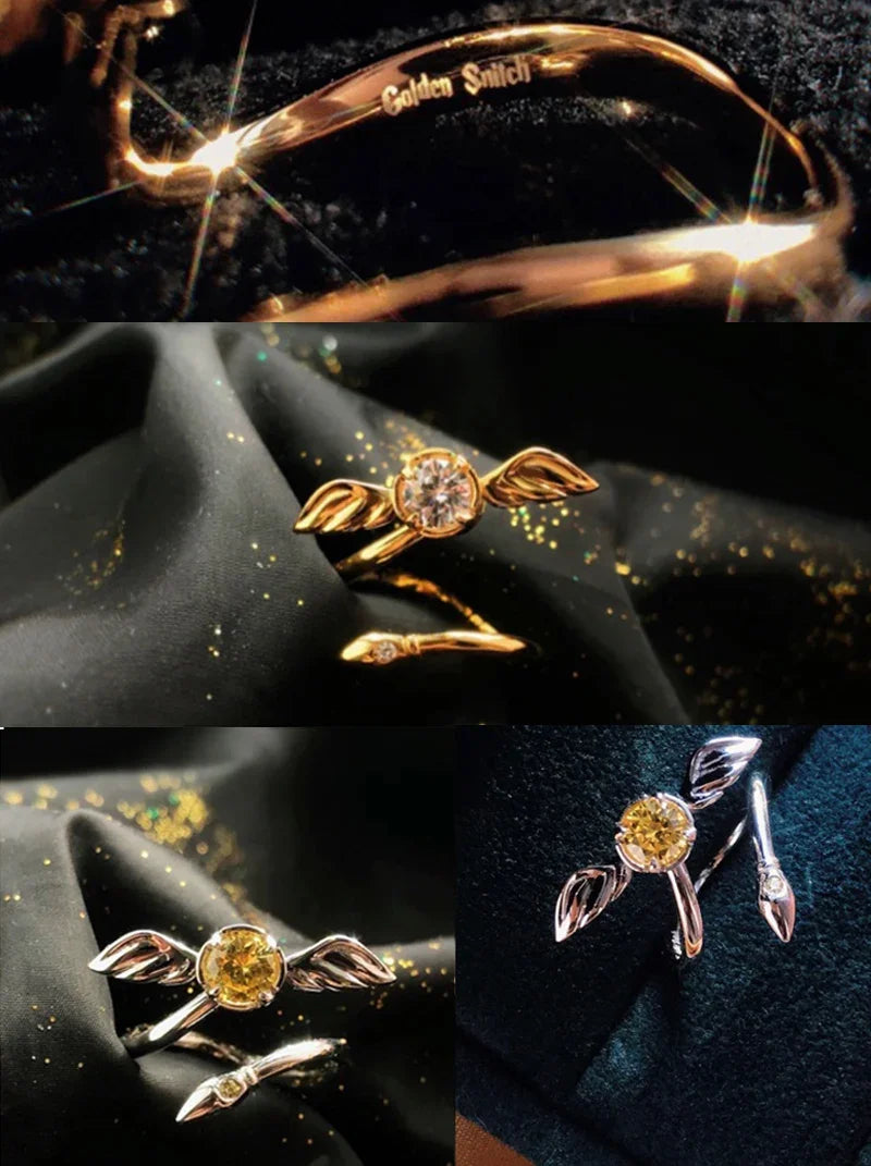 925 Sterling Silver  HP Cosplay Hary Potters Gold Snitch Ball Adjustable Rotatable Ring  Jewelry Props Women Men Couple Gifts
