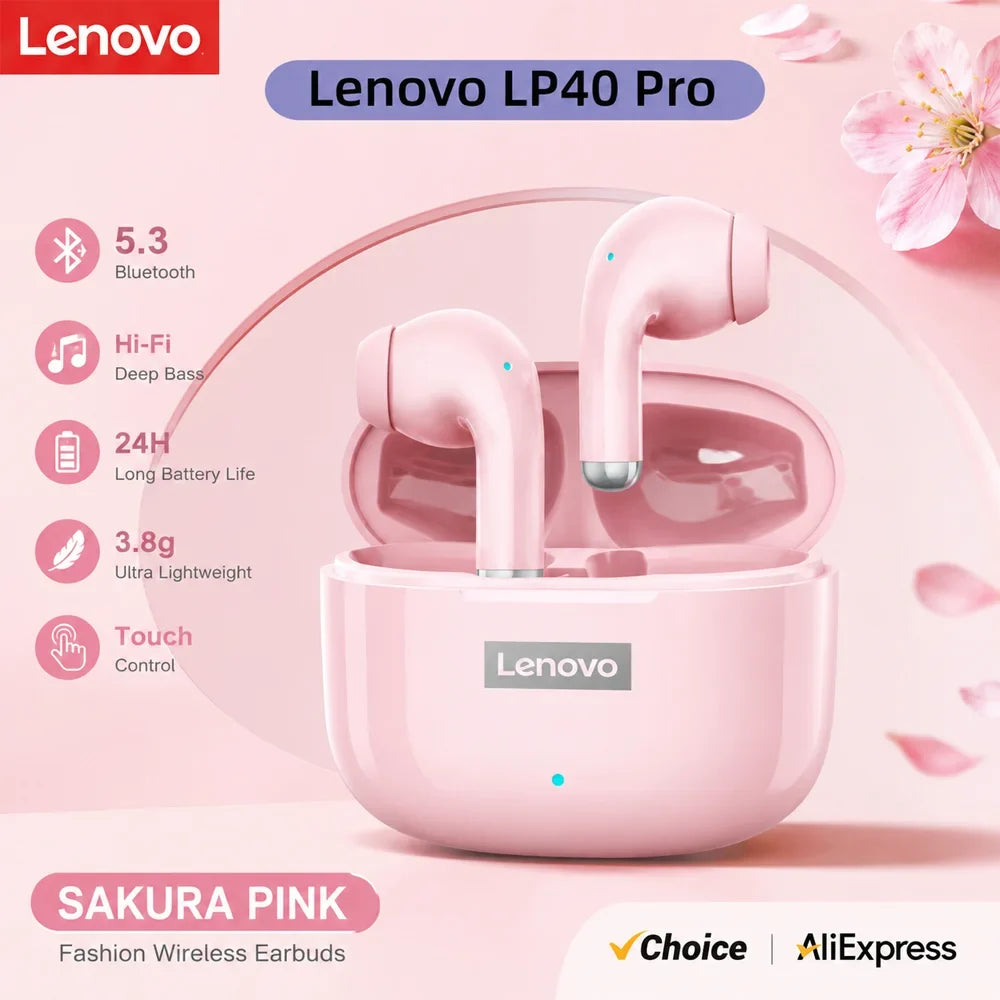 Lenovo LP40 Pro TWS Bluetooth 5.4 Wireless Headphones HiFi Stereo Earphones Gaming Sports Touch Control HD Call With Mic Earbuds