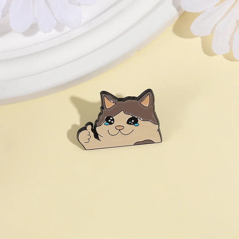 Thumb Up Crying Cat Enamel Pin Kawaii Humorous Animal Brooch Lapel Backpack Badge Funny Jewelry Gifts For Cat Lovers Friends