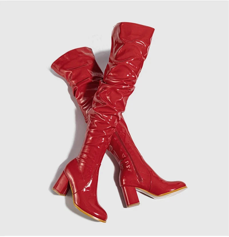 Hlieny 2026 Winter New Thigh High Boots Fashion Patent Leather Round Toe Zip Female Square Heels Pleated Design Women's Shoes