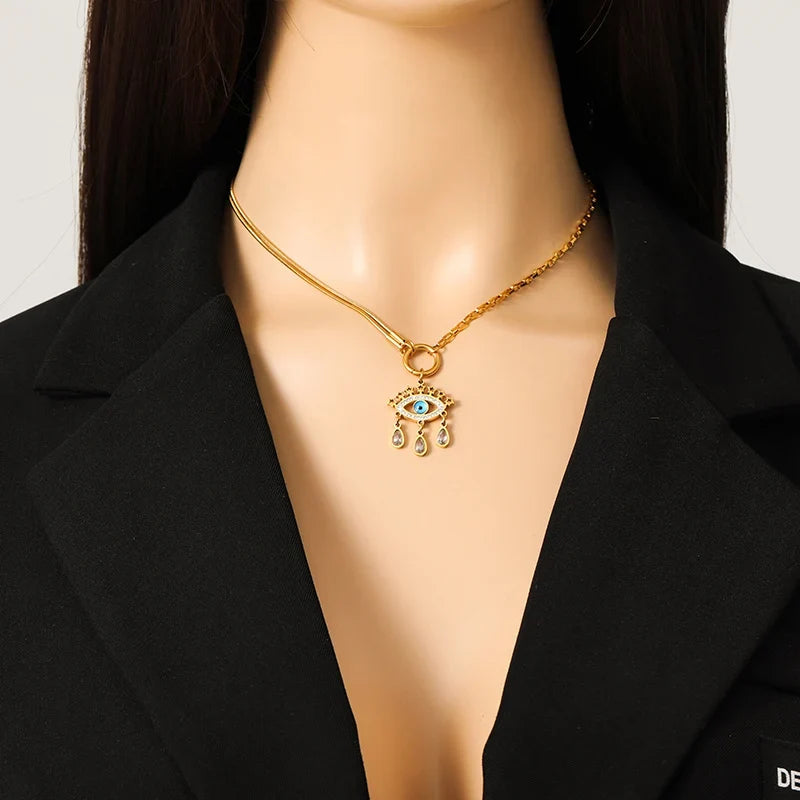 GANEMLY 316l Stainless Steel Luxury Bling Cubic Zirconia Eye Droplets Pendant Necklace Women Chic Romantic Waterproof Jewelry