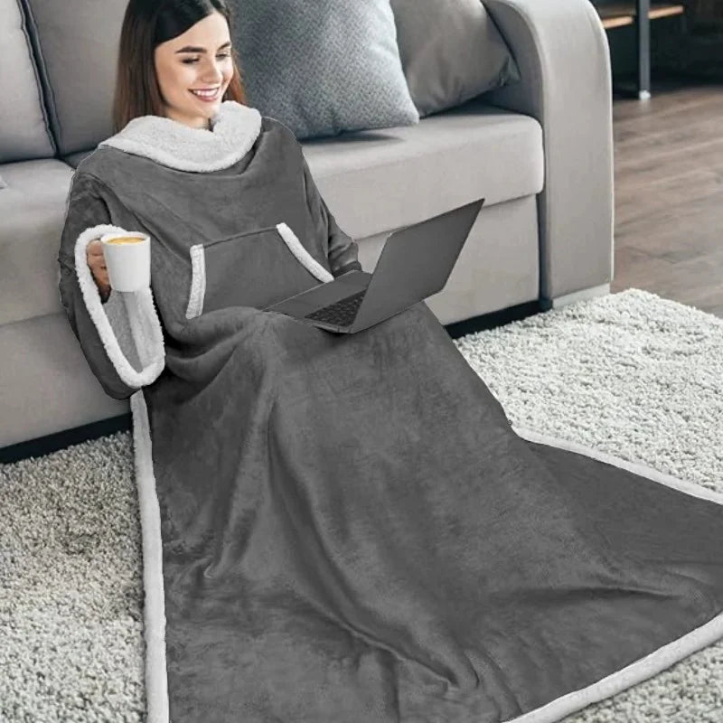 Grey Wearable Lazy TV Blanket With Sleeve,TV Sofa Blankets For Men Women,Thick Fleece Blanket Winter Adult Cozy Soft Nap Blanket