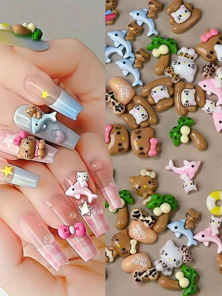 120PCS Box Mixed Hello Kitty 3D Nail Charms Cute Cartoon Resin Ornaments Kawaii DIY Nail Art Manicure Decor Accessories
