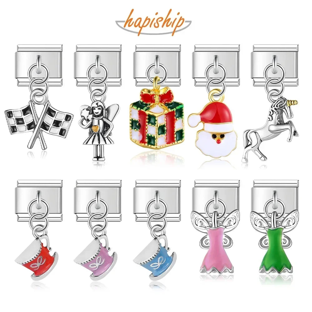 Hapiship 9mm Width Original Daisy Unicorn Angel Cup Santa Claus Italian Charm Fit Bracelet Stainless Steel Jewelry Making DJ050