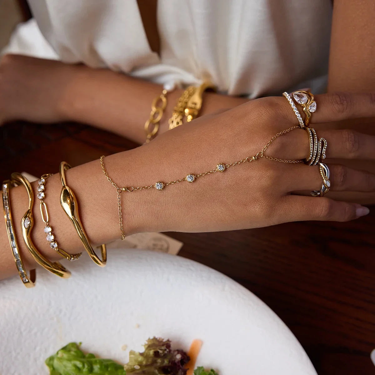 Uworld Fashion Zircon Serpentine Bracelet Ring Stainless Steel Finger Bracelet Stackable Chain Women's Accessories Party Gift