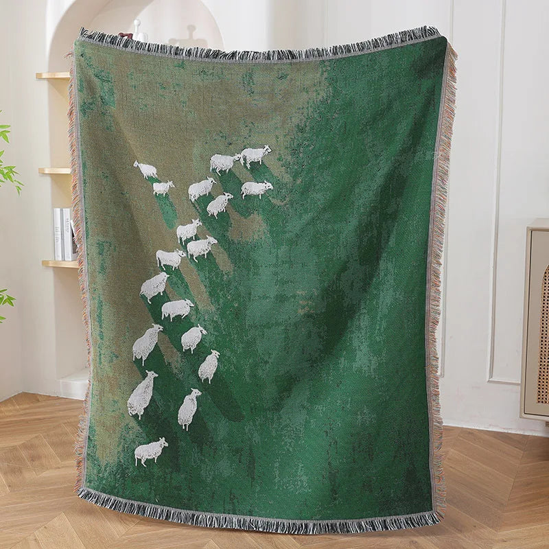 Textile City Sheep Herd Green Meadow Jacquard Woven Throw Blanket Whimsical Countryside Farm Animal Fringed Decor Sofa Blanket