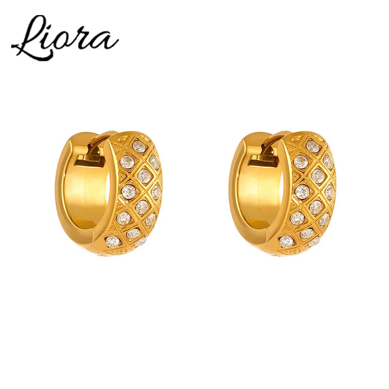Liora Stainless Steel Zircon Women Hoop Earrings Metal Texture PVD Gold Plated Hypoallergenic Wedding Banquet Earrings Jewelry