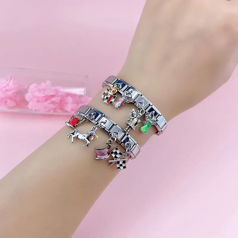 Hapiship 9mm Width Original Daisy Unicorn Angel Cup Santa Claus Italian Charm Fit Bracelet Stainless Steel Jewelry Making DJ050