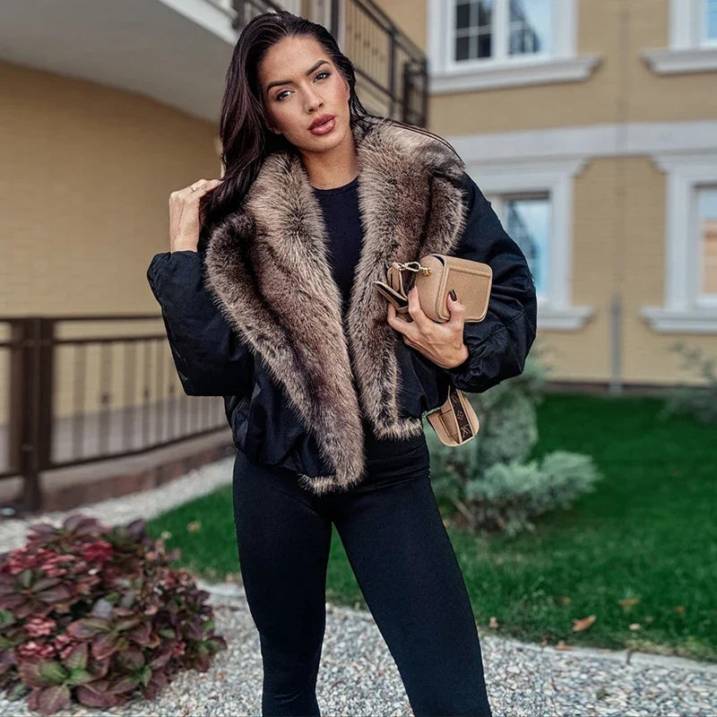 Fashion Faux Fur Patchwork Cotton Coat Women Lapel Zipper Pocket Cropped Street Warm Jacket 2026 Winter Lady Puffer Jackets New