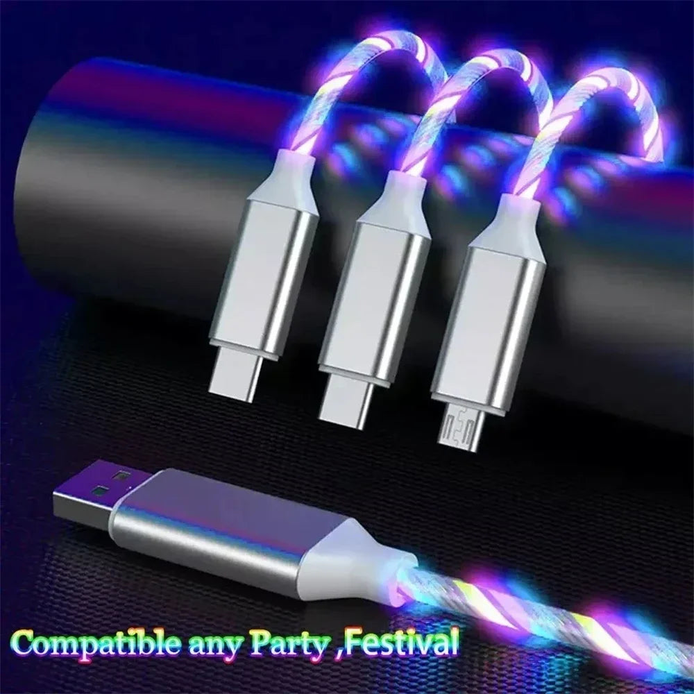 Glowing LED Light USB 3 IN 1 cable Phone Fast Charging Charger Luminous Type C Cable For Xiaomi iPhone Phone Accessories