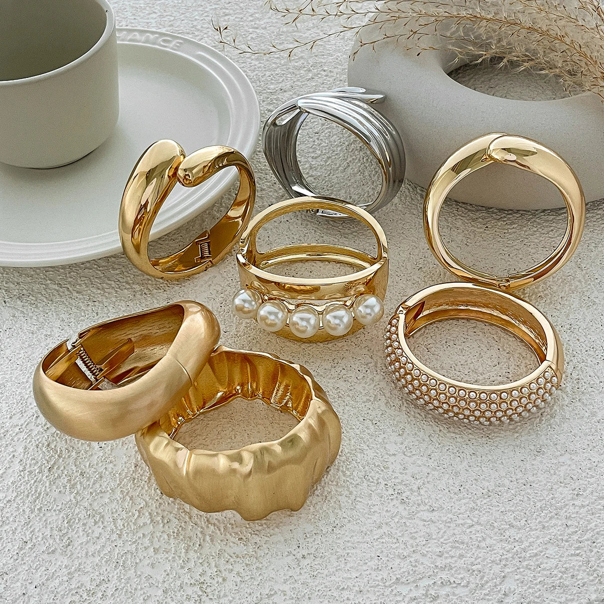 SHIXIN Design Geometric Water Drop Gold Color Wide Spring Bangles for Women Elegant Imitation Pearl Cuff Bracelets New Jewelry