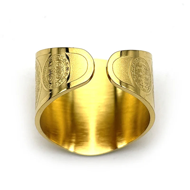 Catholic Saint Benedict Medallion Adjustable Rings for Women Men Stainless Steel Open Finger Ring Amulet Jewelry San Benito