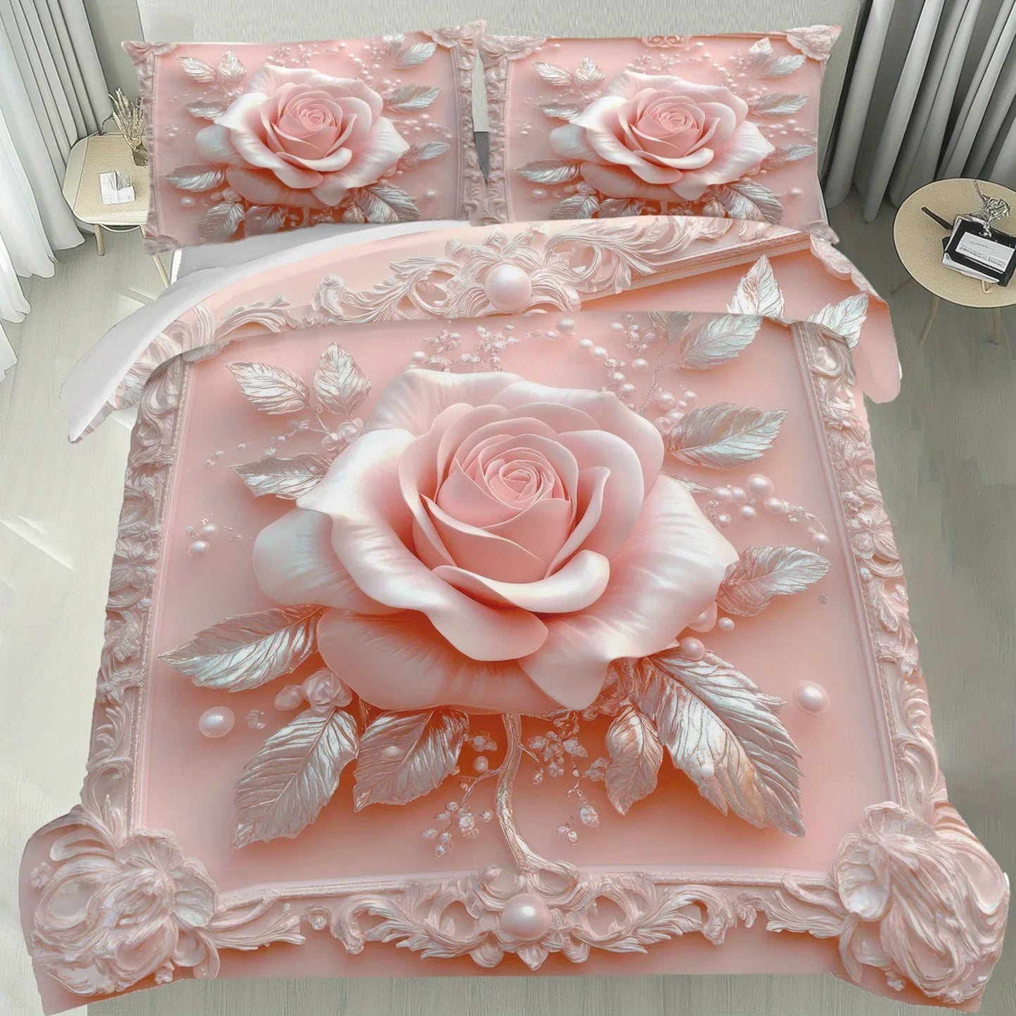 Latacaca 2/3Pcs Pink Rose Duvet Cover Set, Soft Comfortable Floral Bedding with Pillowcases, Machine Washable Queen King Size