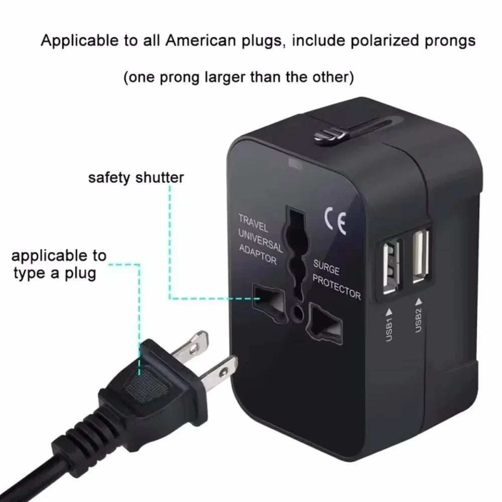 International Travel Plug Adapter EU US UK AU to Universal AC Power Converter Socket with 2 USB Ports Safety Shutter Locking