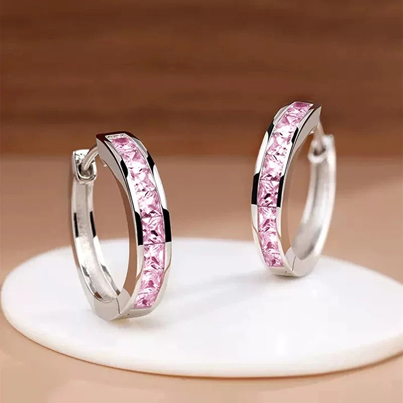 Huitan Hoop Earrings with Princess Cubic Zirconia Exquisite Ear Circle Earrings for Women Silver Color Fashion Versatile Jewelry