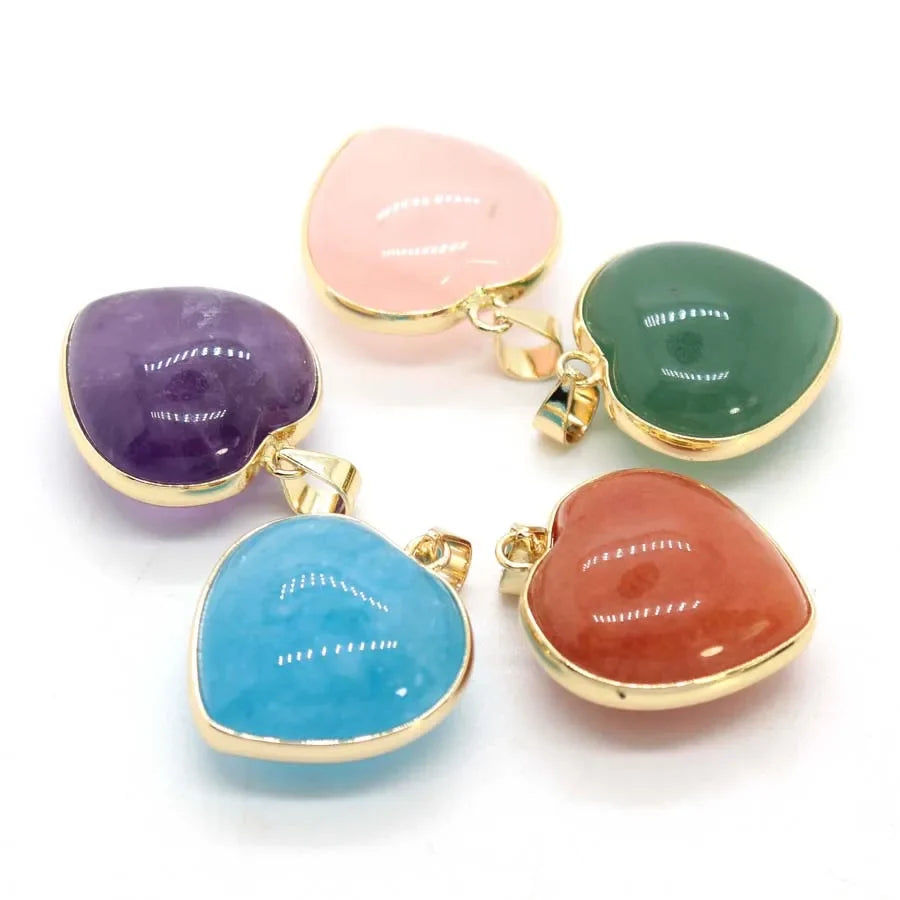 Charms Natural Healing Crystal Heart Stone Pendants For Women Necklace DIY Amethyst Rose Quartz Fluorite Aquamarine Men Jewelry