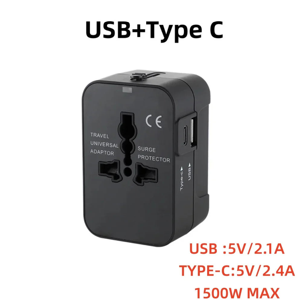 International Travel Plug Adapter EU US UK AU to Universal AC Power Converter Socket with 2 USB Ports Safety Shutter Locking