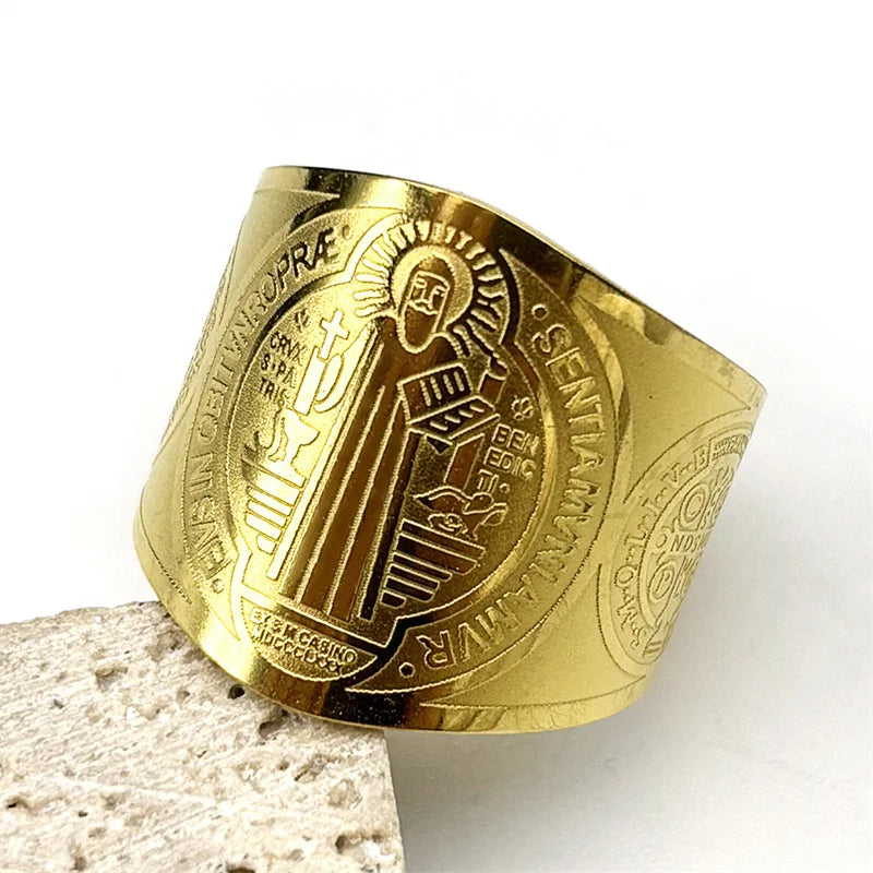 Catholic Saint Benedict Medallion Adjustable Rings for Women Men Stainless Steel Open Finger Ring Amulet Jewelry San Benito