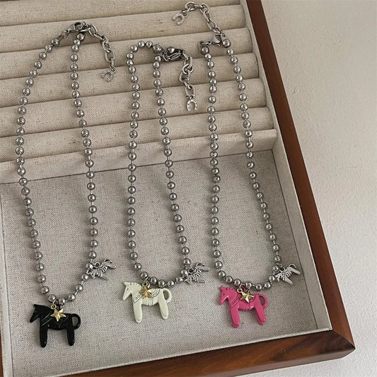 LATS White Black Green Blue Pink Color Enamel Colt Horse Pendant Necklaces for Women Silver Plated Alloy Beads Chain Chokers