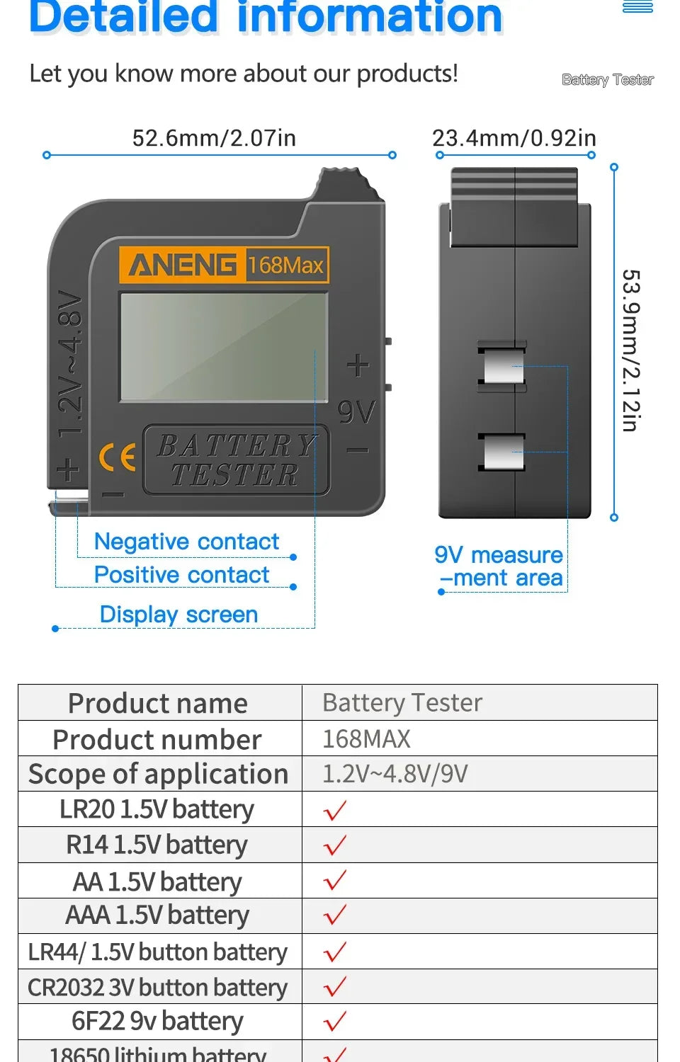 ANENG 168MAX Self Powered Digital LCD Battery Checker AA AAA C D 9V Button Cell 18650 Lithium Cell Voltage Capacity Test Tool