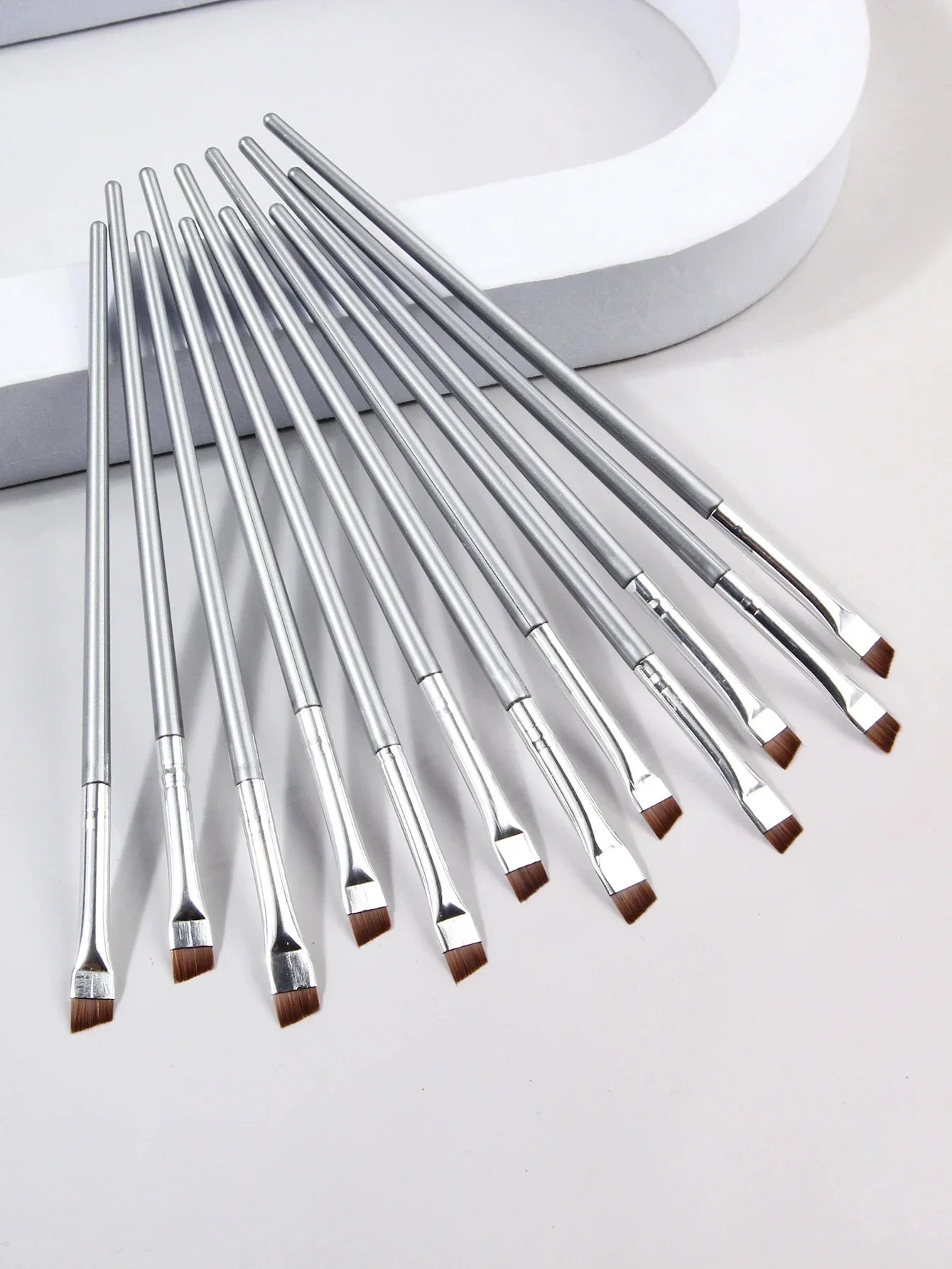 12pcs silvery Super Thin Blade Eyeliner Brush & Soft Makeup Brush Set, Portable Eyebrow Brush & Multipurpose Cosmetic Tool