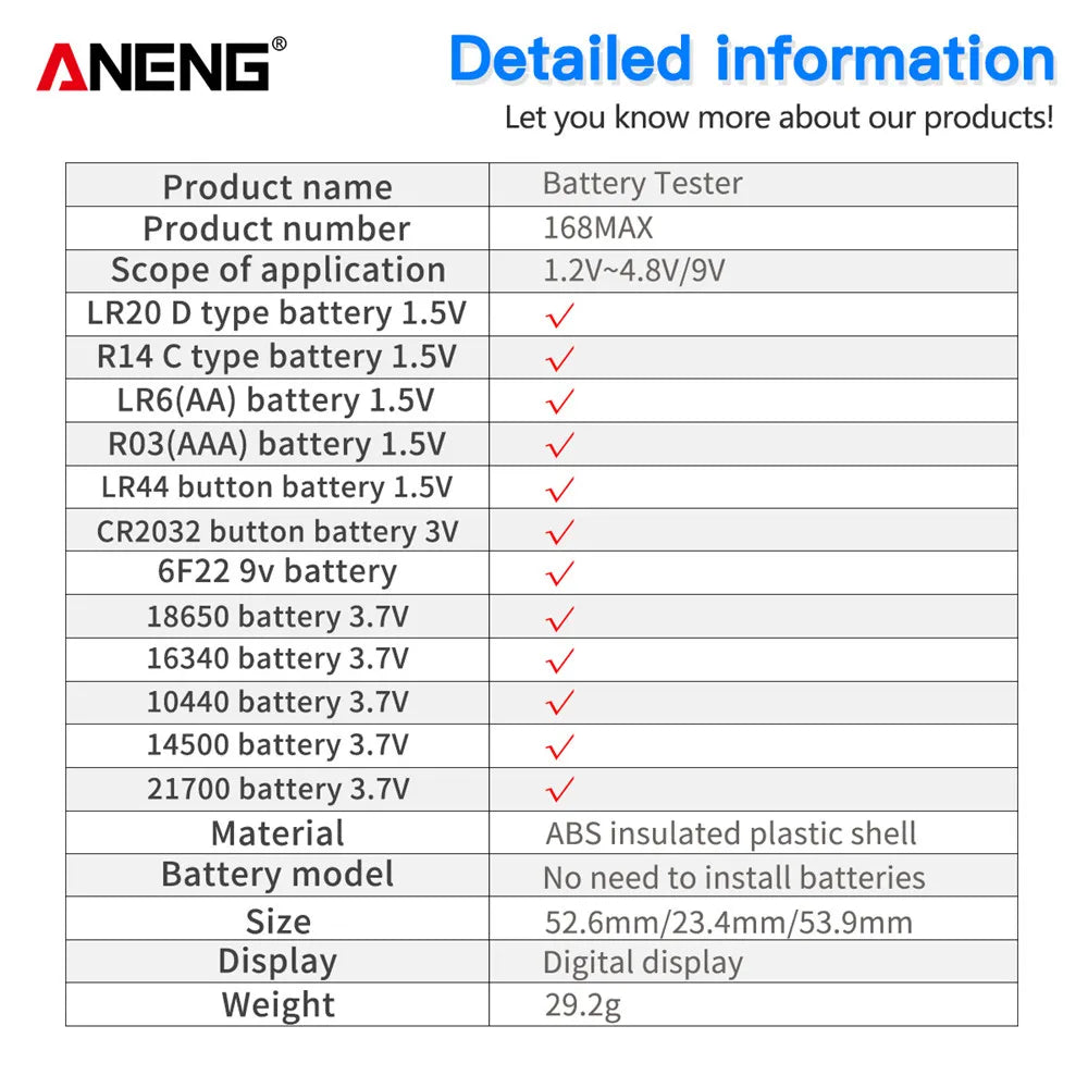 ANENG 168MAX Self Powered Digital LCD Battery Checker AA AAA C D 9V Button Cell 18650 Lithium Cell Voltage Capacity Test Tool